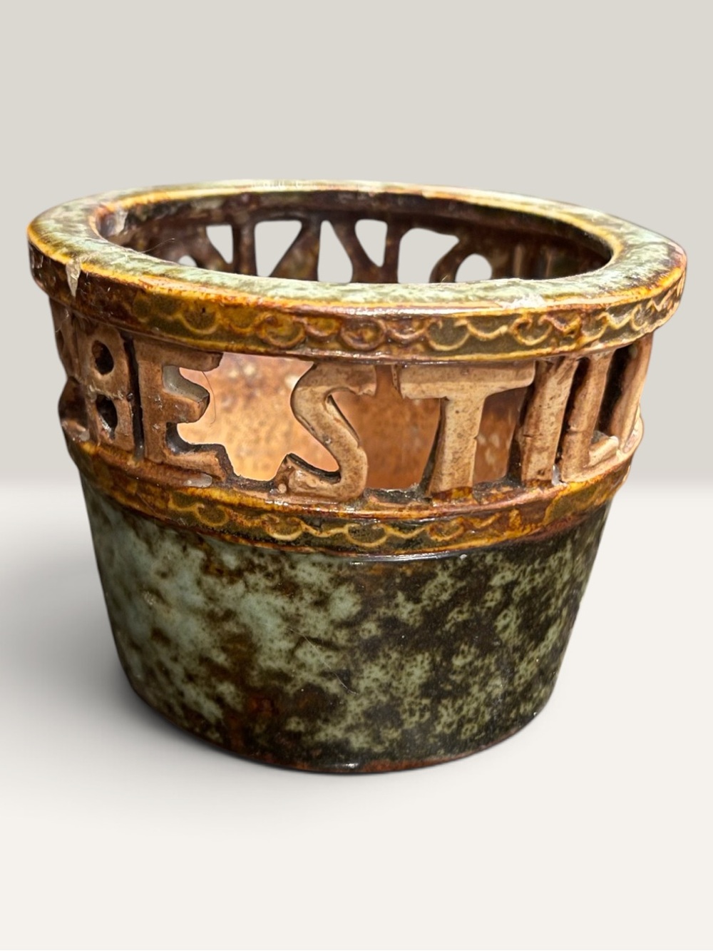 Ceramic Pottery Green/Bronze Ceramic Candle Votive Holder “Be Still and Know”